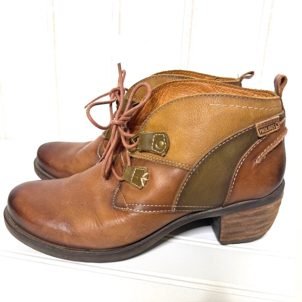 Pikolinos Brown Le Mans Leather Lace Up Ankle Boots Block Heel 37 US 6.5-7 633